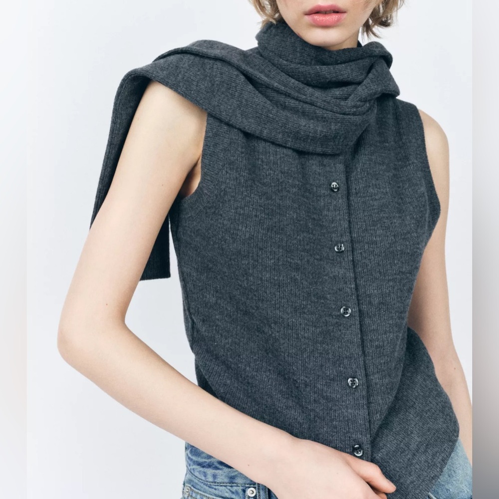 Zara BUTTONED SCARF VEST Gray Sleeveless Button-Up Sweater